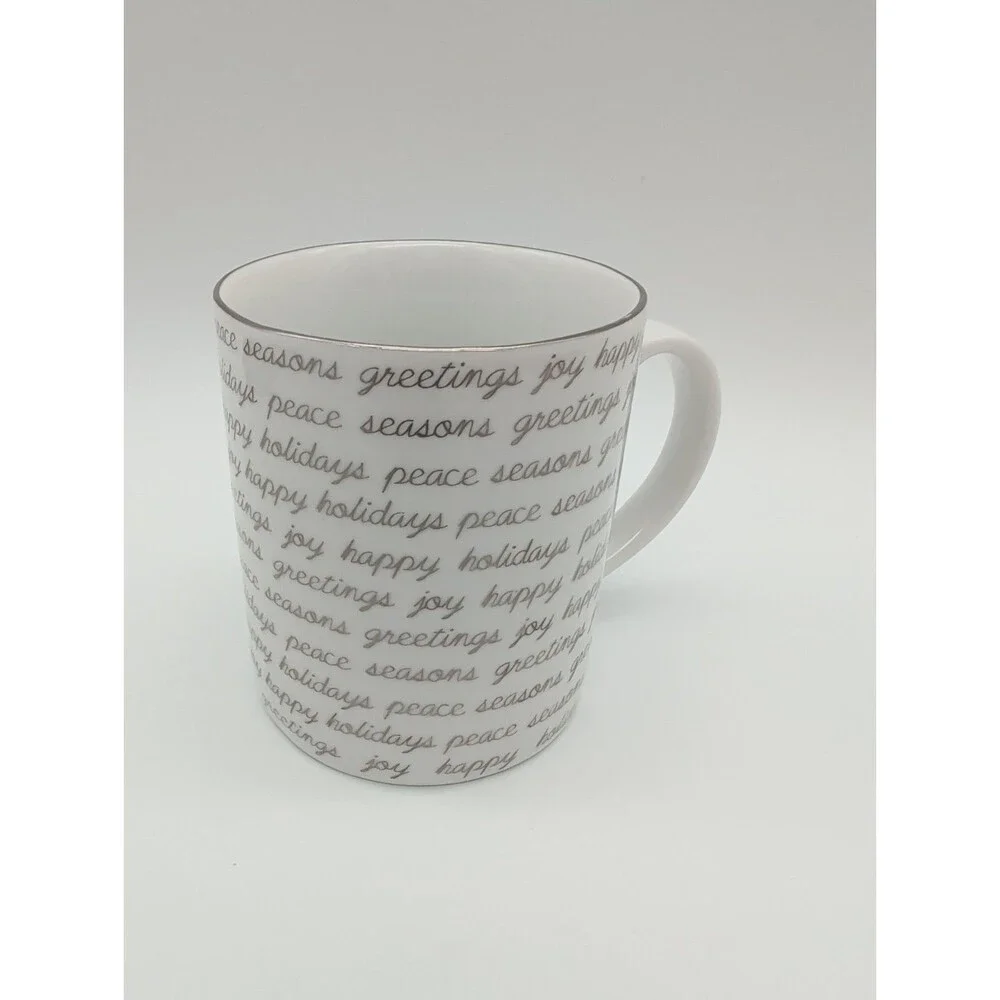 Crate& Barrel Script Mug 8 Oz Holiday Christmas Seasons Greetings Joy Peace